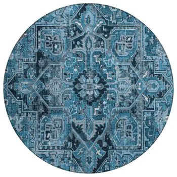 8' Gray Round Oriental Washable Indoor Outdoor Area Rug