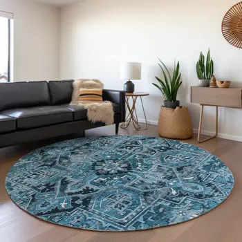 8' Gray Round Oriental Washable Indoor Outdoor Area Rug
