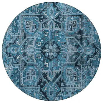 8' Gray Round Oriental Washable Indoor Outdoor Area Rug