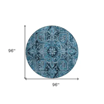 8' Gray Round Oriental Washable Indoor Outdoor Area Rug