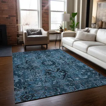9' X 12' Denim and Gray Oriental Washable Non Skid Indoor Outdoor Area Rug
