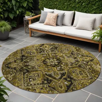8' Coffee And Gray Round Oriental Washable Indoor Outdoor Area Rug