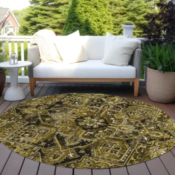 8' Coffee And Gray Round Oriental Washable Indoor Outdoor Area Rug