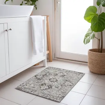 2' X 3' Ivory and Dark Brown Oriental Washable Non Skid Indoor Outdoor Area Rug