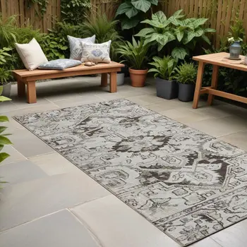 8' Runner Ivory and Dark Brown Oriental Washable Non Skid Indoor Outdoor Runner Rug