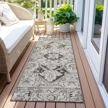 8' Runner Ivory and Dark Brown Oriental Washable Non Skid Indoor Outdoor Runner Rug