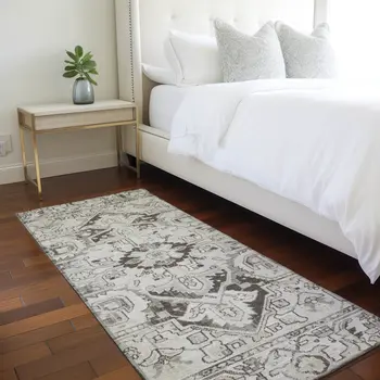 8' Runner Ivory and Dark Brown Oriental Washable Non Skid Indoor Outdoor Runner Rug