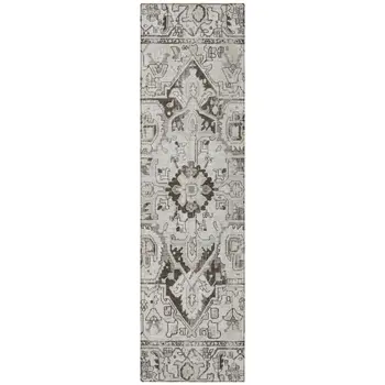 8' Runner Ivory and Dark Brown Oriental Washable Non Skid Indoor Outdoor Runner Rug