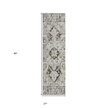 8' Runner Ivory and Dark Brown Oriental Washable Non Skid Indoor Outdoor Runner Rug