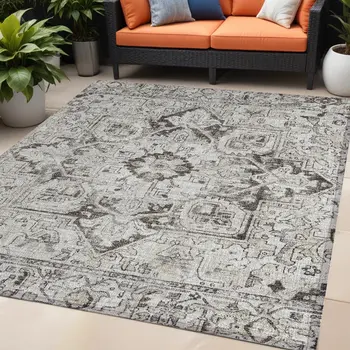 5' X 8' Ivory and Dark Brown Oriental Washable Non Skid Indoor Outdoor Area Rug
