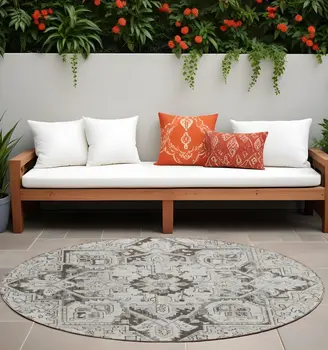 8' Ivory And Dark Brown Round Oriental Washable Indoor Outdoor Area Rug