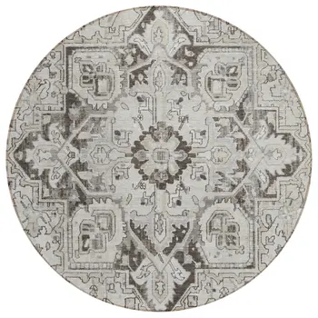 8' Ivory And Dark Brown Round Oriental Washable Indoor Outdoor Area Rug