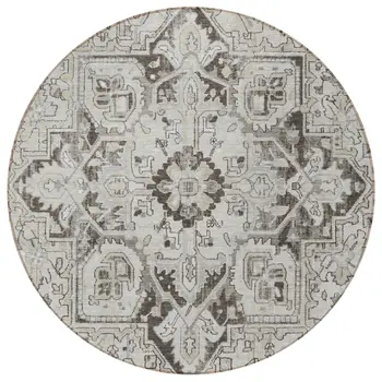 8' Ivory And Dark Brown Round Oriental Washable Indoor Outdoor Area Rug