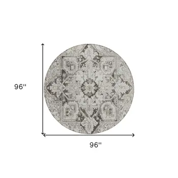 8' Ivory And Dark Brown Round Oriental Washable Indoor Outdoor Area Rug