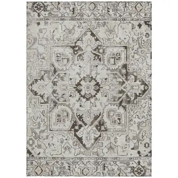 9' X 12' Ivory and Dark Brown Oriental Washable Non Skid Indoor Outdoor Area Rug