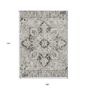 9' X 12' Ivory and Dark Brown Oriental Washable Non Skid Indoor Outdoor Area Rug
