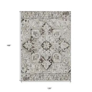 10' X 14' Ivory and Dark Brown Oriental Washable Non Skid Indoor Outdoor Area Rug