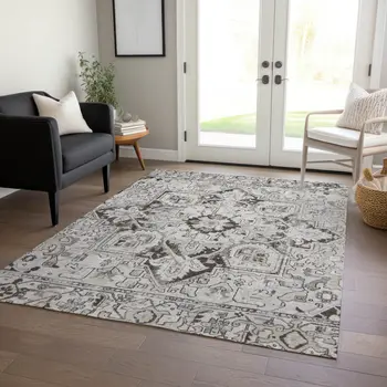 10' X 14' Ivory and Dark Brown Oriental Washable Non Skid Indoor Outdoor Area Rug