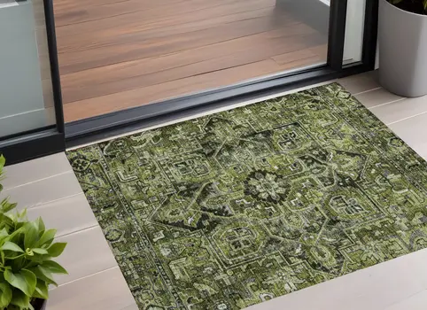 2' X 3' Olive Green and Dark Green Oriental Washable Non Skid Indoor Outdoor Area Rug