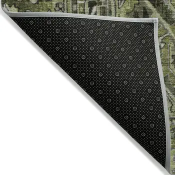 3' X 5' Olive Green and Dark Green Oriental Washable Non Skid Indoor Outdoor Area Rug