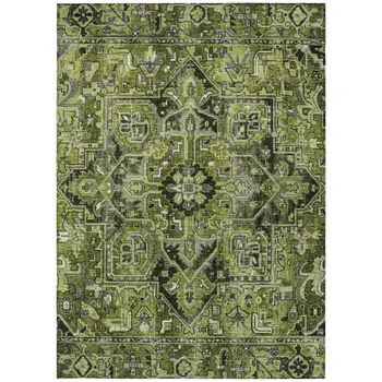 3' X 5' Olive Green and Dark Green Oriental Washable Non Skid Indoor Outdoor Area Rug