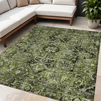 5' X 8' Olive Green and Dark Green Oriental Washable Non Skid Indoor Outdoor Area Rug