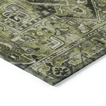 5' X 8' Olive Green and Dark Green Oriental Washable Non Skid Indoor Outdoor Area Rug