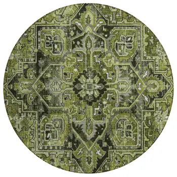 8' Round Olive Green and Dark Green Round Oriental Washable Non Skid Indoor Outdoor Area Rug