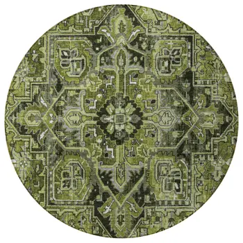 8' Round Olive Green and Dark Green Round Oriental Washable Non Skid Indoor Outdoor Area Rug