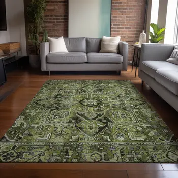 8' X 10' Olive Green and Dark Green Oriental Washable Non Skid Indoor Outdoor Area Rug