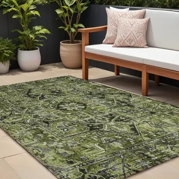 10' X 14' Olive Green And Dark Green Oriental Washable Indoor Outdoor Area Rug