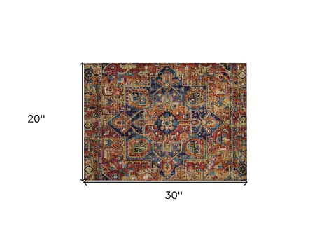 2' X 3' Red Orange and Blue Oriental Washable Non Skid Indoor Outdoor Area Rug