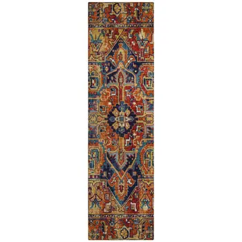 8' Red Orange And Blue Oriental Washable Indoor Outdoor Runner Rug