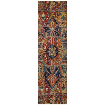 8' Red Orange And Blue Oriental Washable Indoor Outdoor Runner Rug