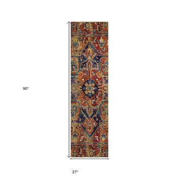 8' Red Orange And Blue Oriental Washable Indoor Outdoor Runner Rug