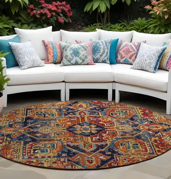 8' Round Red Orange and Blue Round Oriental Washable Non Skid Indoor Outdoor Area Rug