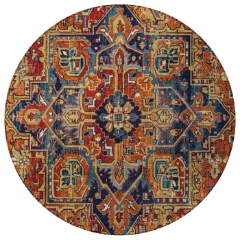 8' Round Red Orange and Blue Round Oriental Washable Non Skid Indoor Outdoor Area Rug