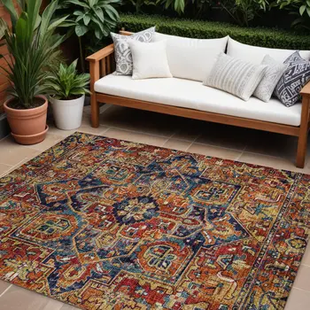 9' X 12' Red Orange And Blue Oriental Washable Indoor Outdoor Area Rug