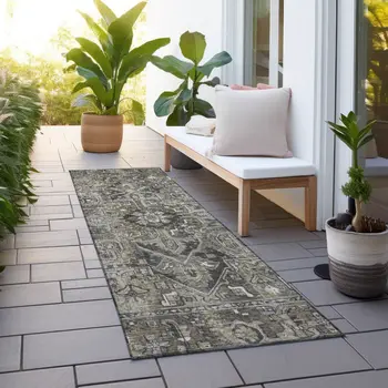 8' Taupe Oriental Washable Indoor Outdoor Runner Rug