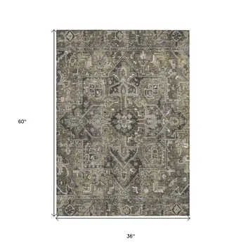 3' X 5' Taupe Oriental Washable Indoor Outdoor Area Rug