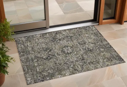 3' X 5' Taupe Oriental Washable Indoor Outdoor Area Rug