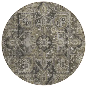 8' Taupe Round Oriental Washable Indoor Outdoor Area Rug