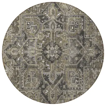 8' Taupe Round Oriental Washable Indoor Outdoor Area Rug
