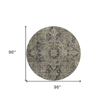 8' Taupe Round Oriental Washable Indoor Outdoor Area Rug