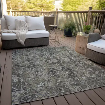 8' X 10' Taupe and Dark Taupe Oriental Washable Non Skid Indoor Outdoor Area Rug