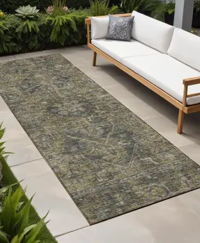 8' Runner Dark Moss Green and Gray Oriental Washable Non Skid Indoor Outdoor Runner Rug