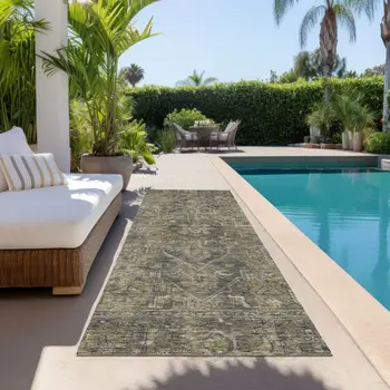 8' Runner Dark Moss Green and Gray Oriental Washable Non Skid Indoor Outdoor Runner Rug