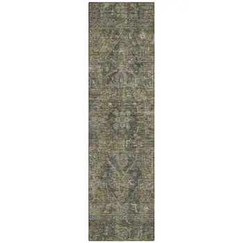 8' Runner Dark Moss Green and Gray Oriental Washable Non Skid Indoor Outdoor Runner Rug