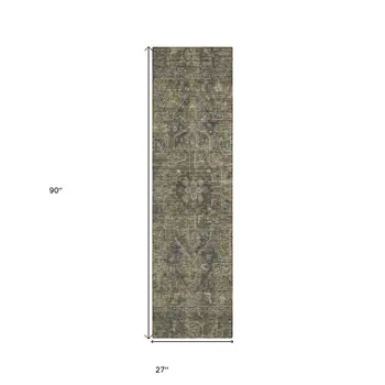 8' Runner Dark Moss Green and Gray Oriental Washable Non Skid Indoor Outdoor Runner Rug