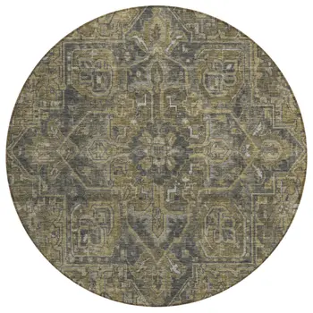 8' Round Dark Moss Green and Gray Round Oriental Washable Non Skid Indoor Outdoor Area Rug